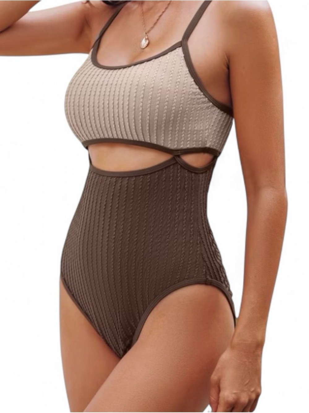 Cupshe Two-Tone Ribbed Cutout One-Piece Swimsuit in Beige and Brown